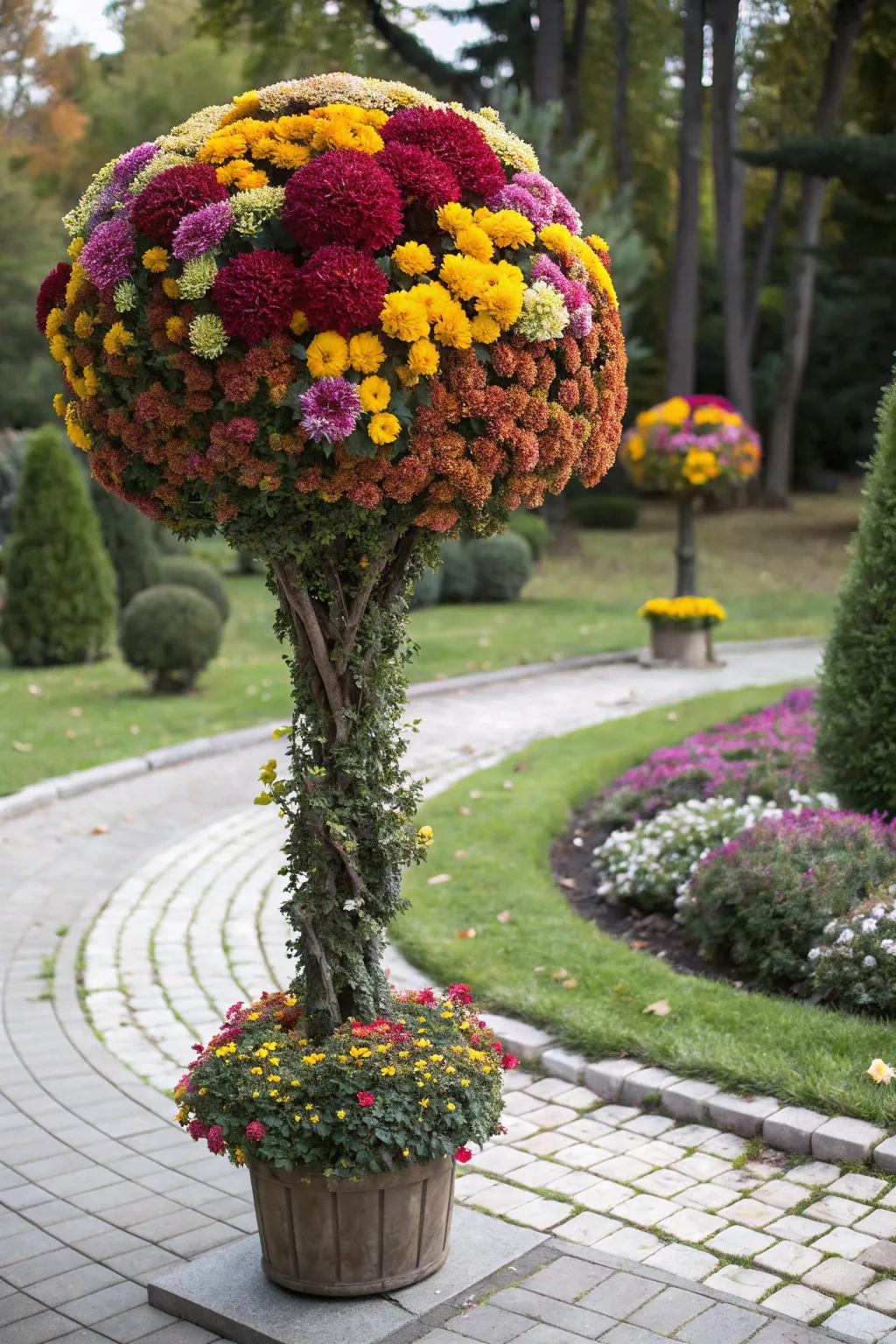 A whimsical DIY mums topiary for garden interest.