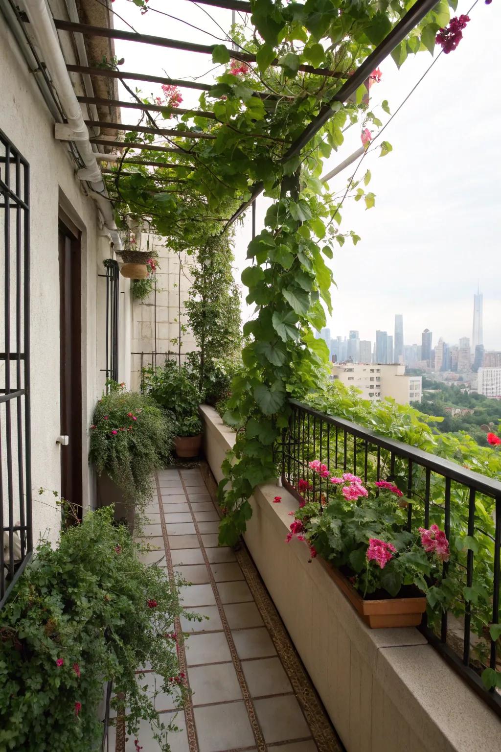 A trellis with climbing plants adds vertical greenery to balconies.