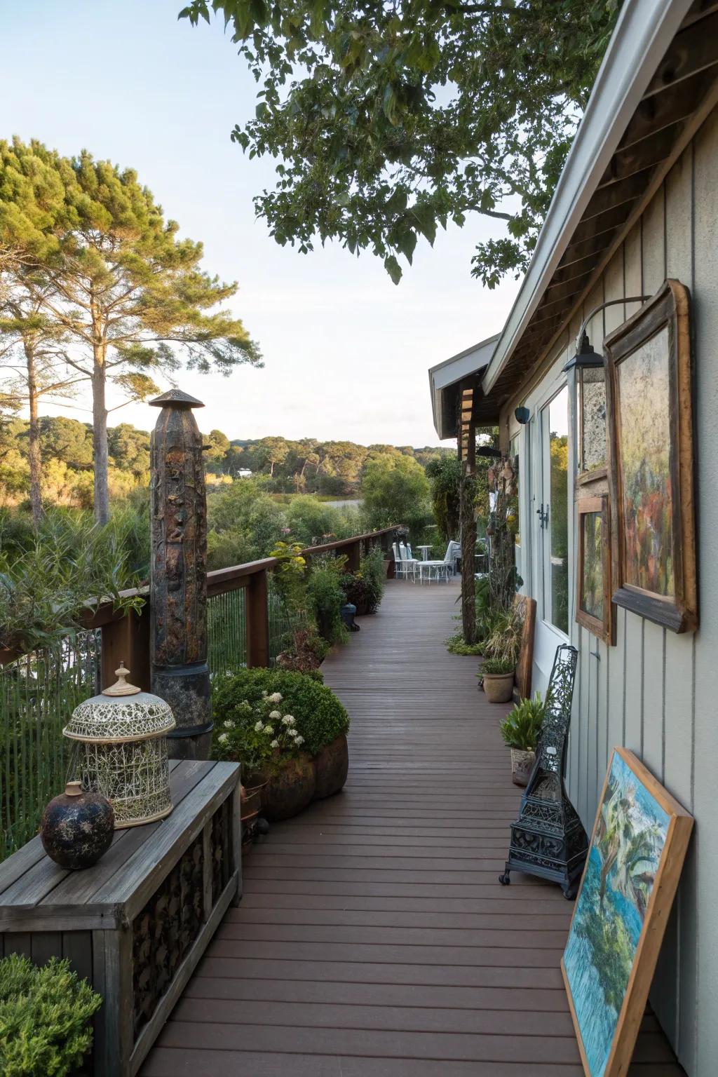 Outdoor art adds personality to narrow decks.