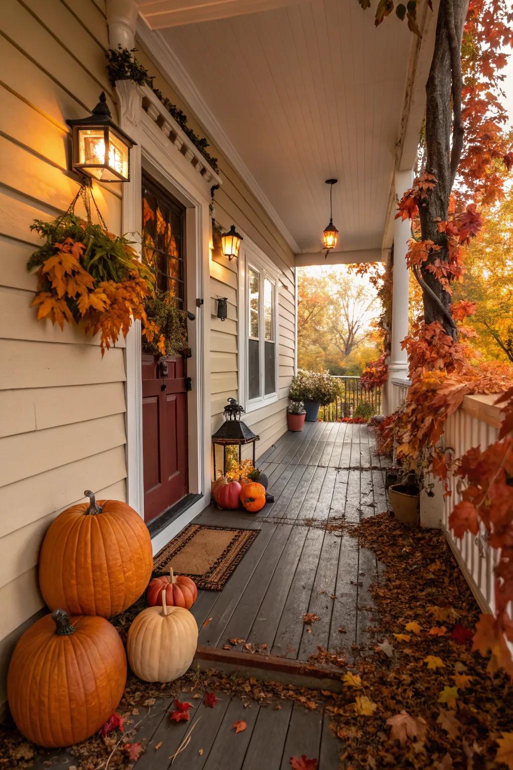 Seasonal displays keep a narrow porch fresh and inviting.