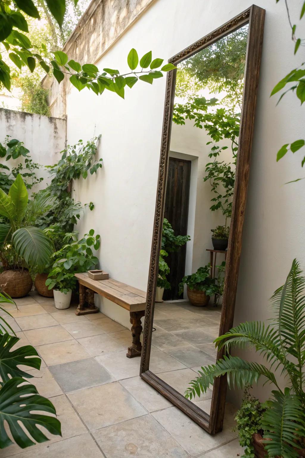 Mirror expanding space on a narrow patio.