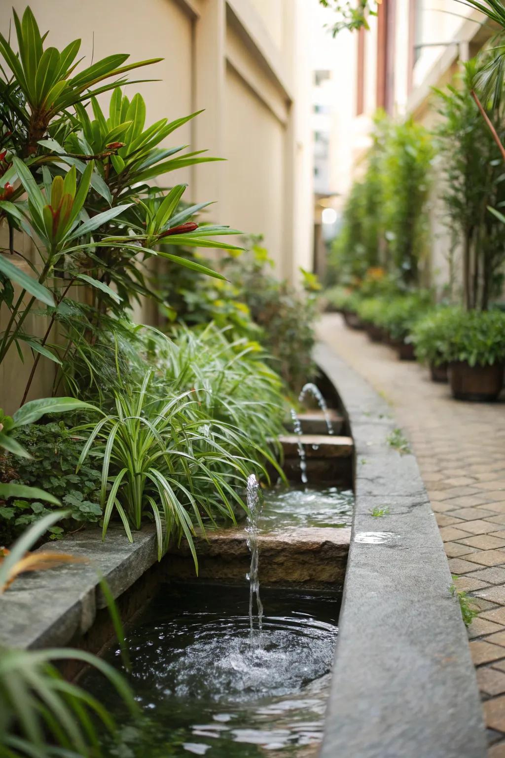 A small water fountain adds a calming element to this narrow planting strip.