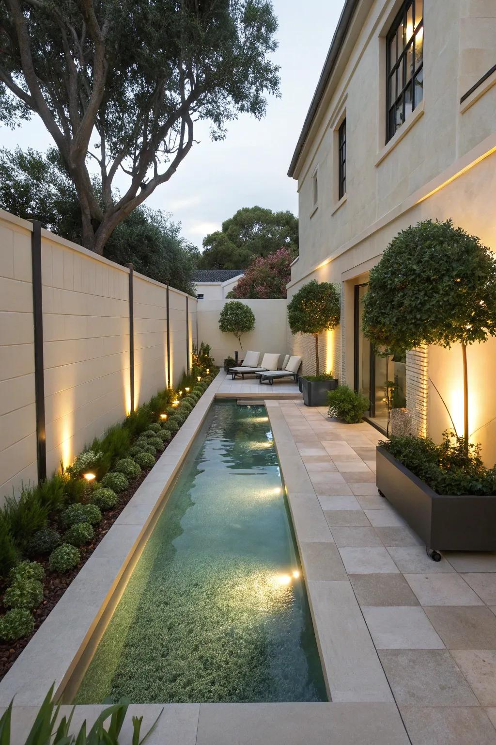 A narrow pool exuding understated elegance with soft lighting.