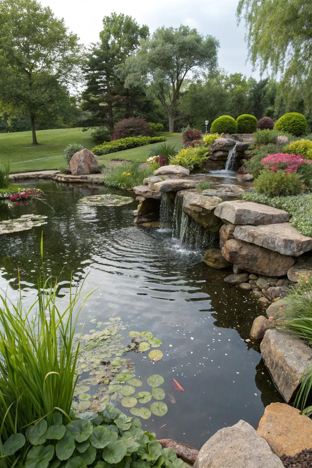 A pond naturally filtered with rocks and aquatic plants.