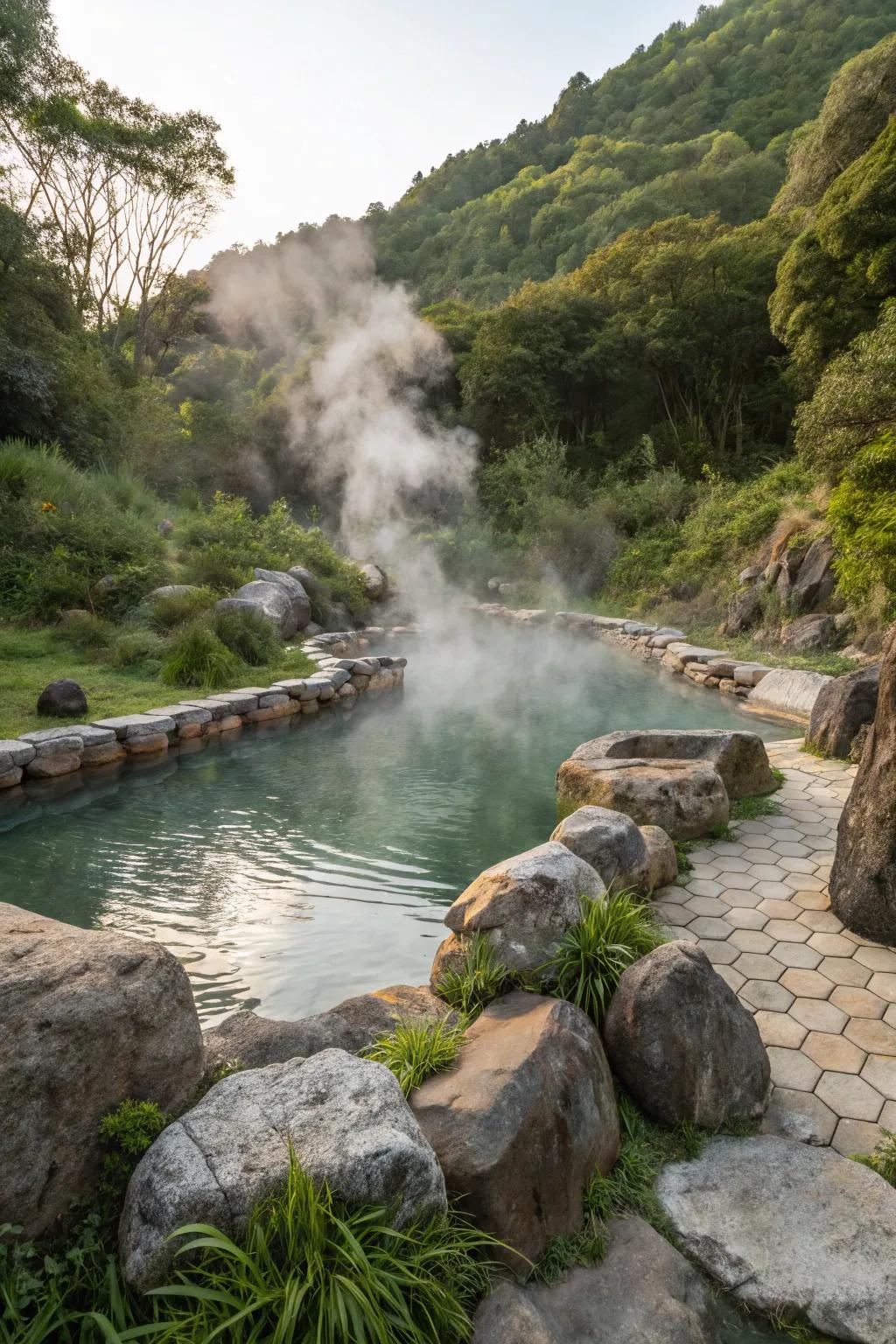 A natural hot spring feature offers warmth and luxury year-round.