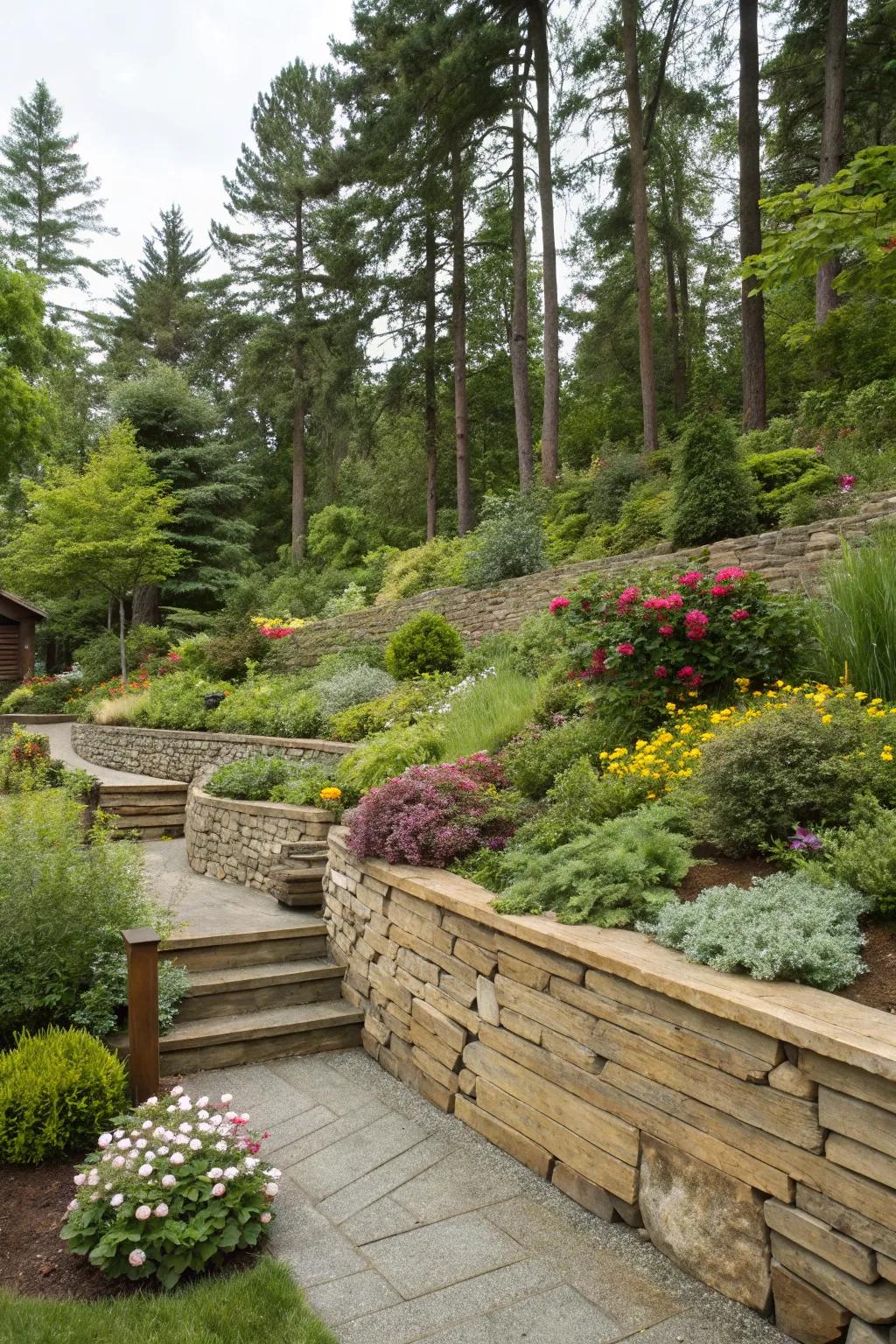 A harmonious blend of wood and stone in a garden retaining wall.