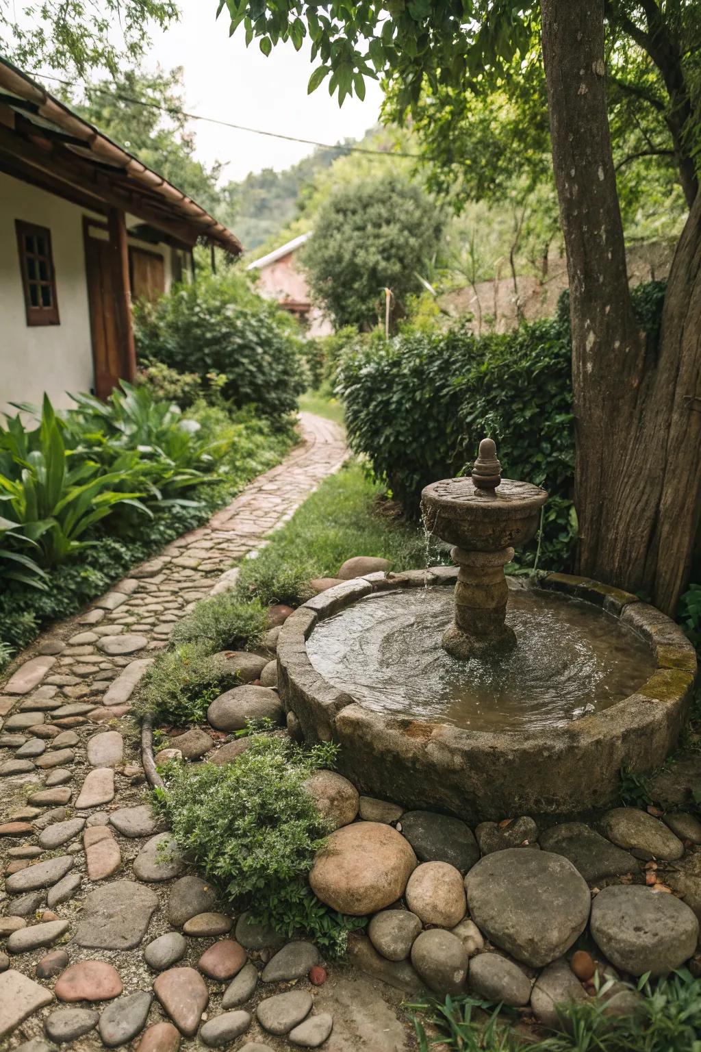 A rustic water feature adds tranquility and a serene soundscape to the garden.