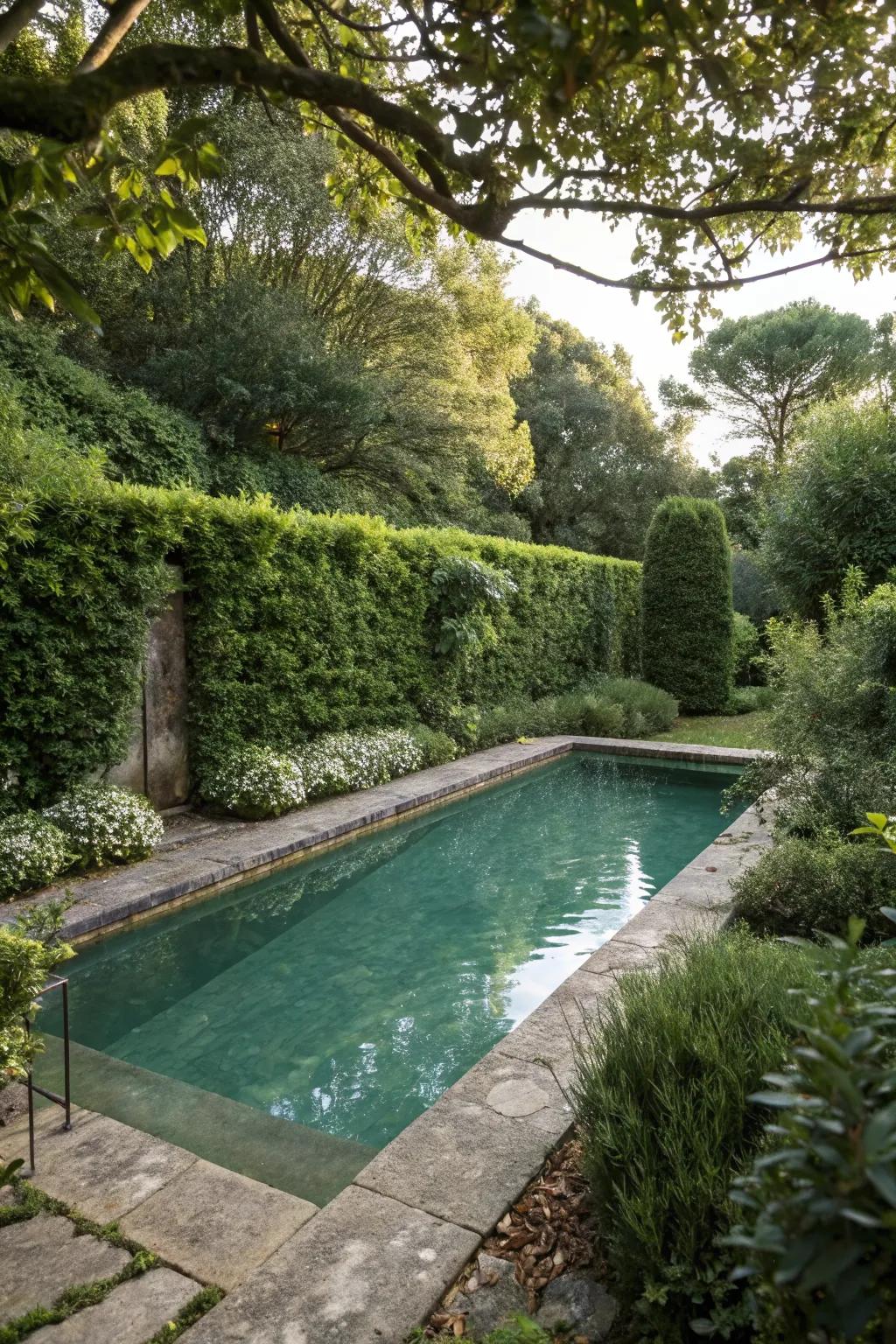 A natural swimming pool with a secluded hideaway surrounded by natural screens for privacy.