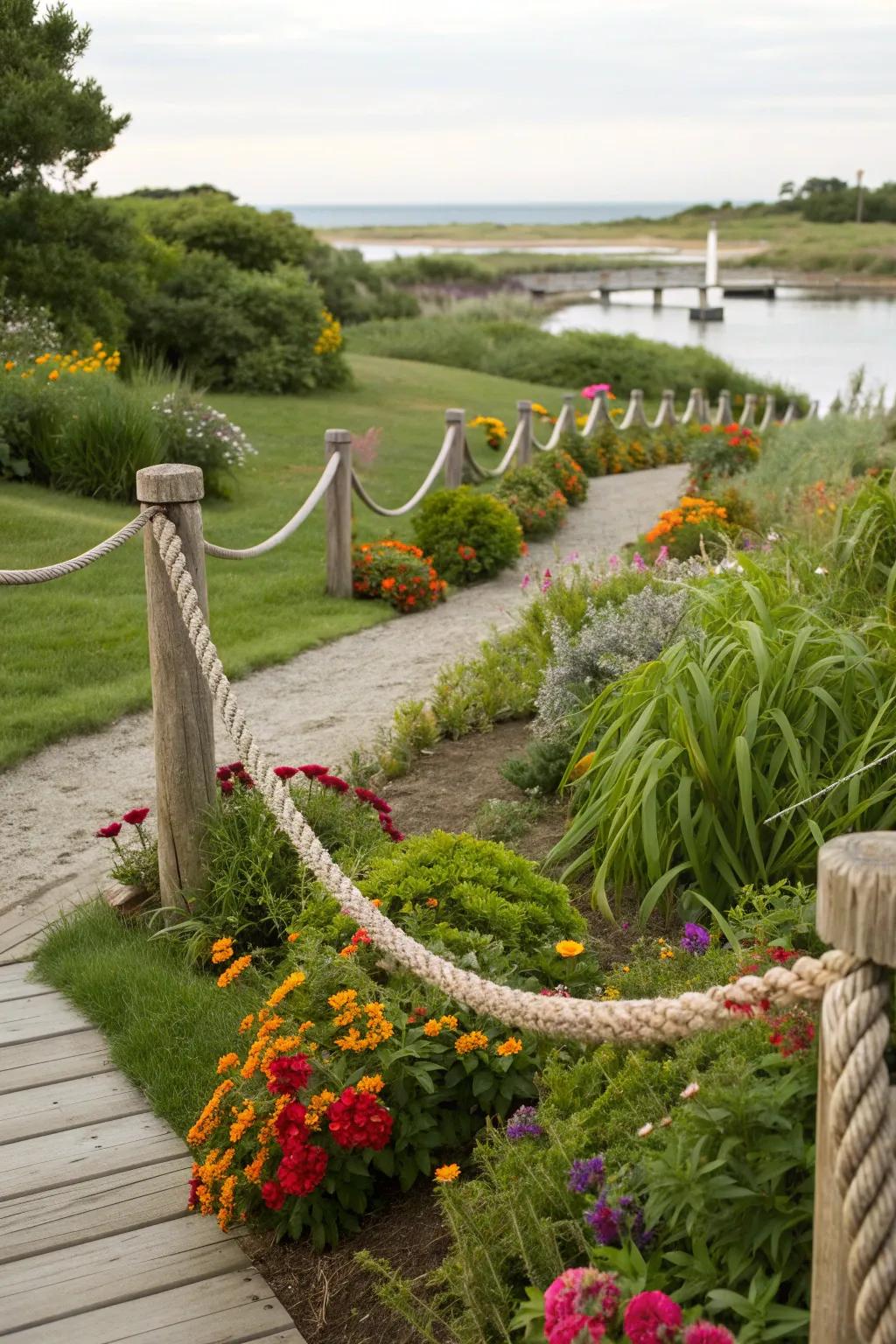 A rope fence creates a charming nautical border for your garden.
