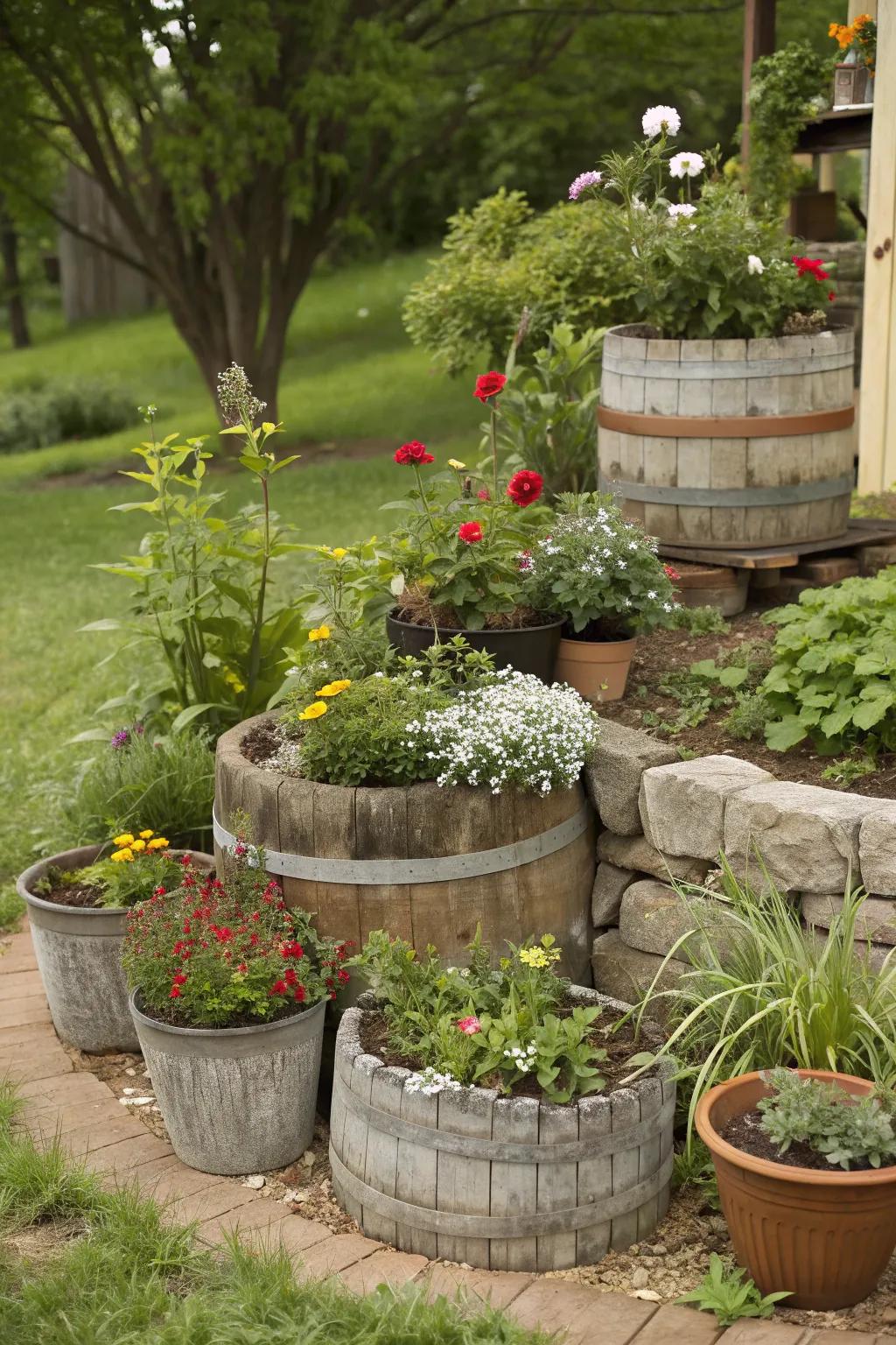Whimsical charm with recycled planters.