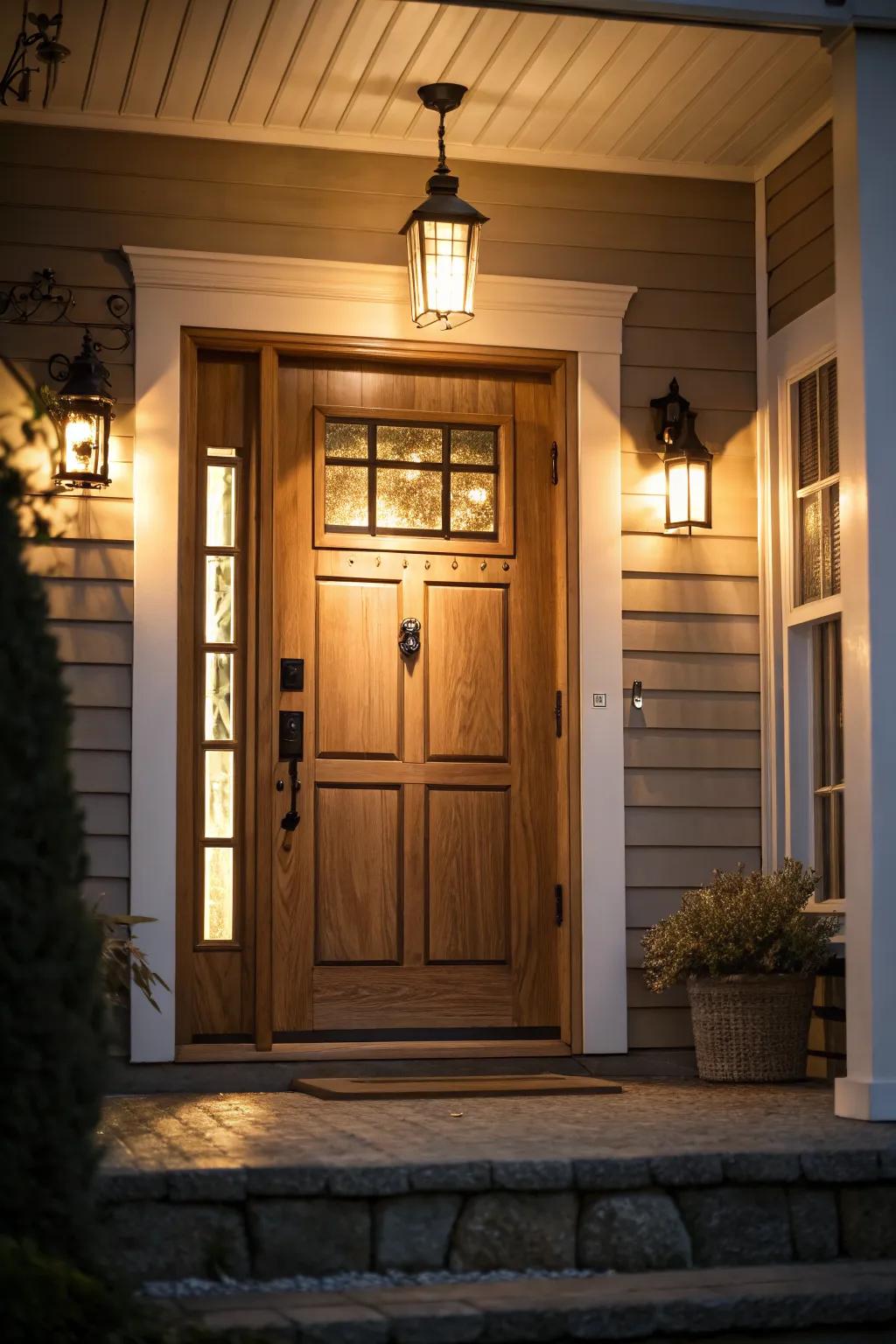 Outdoor lighting creates a welcoming glow.