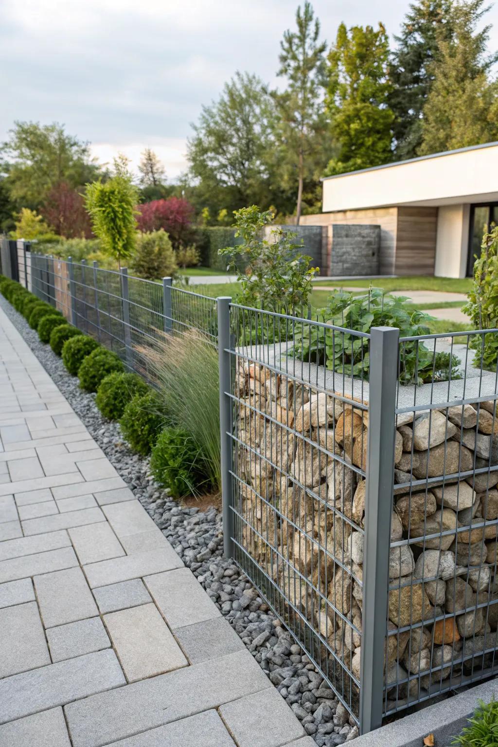 A modern gabion wall providing a sturdy and stylish boundary in the garden.