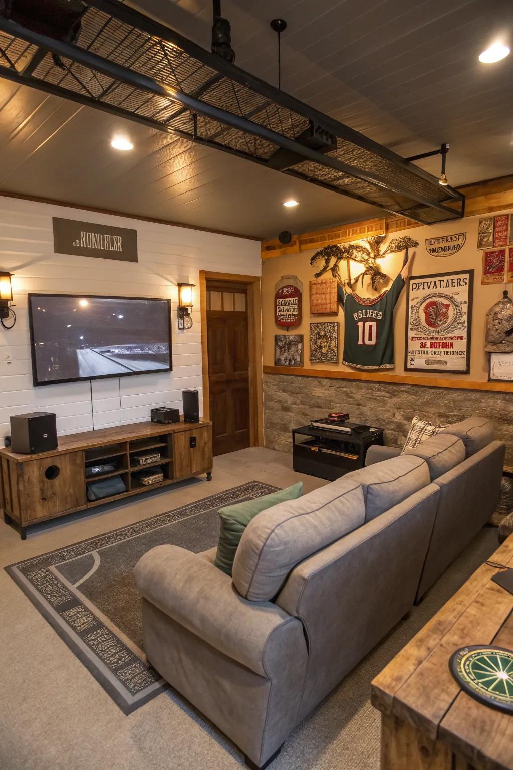 A garage transformed into a comfortable man cave.