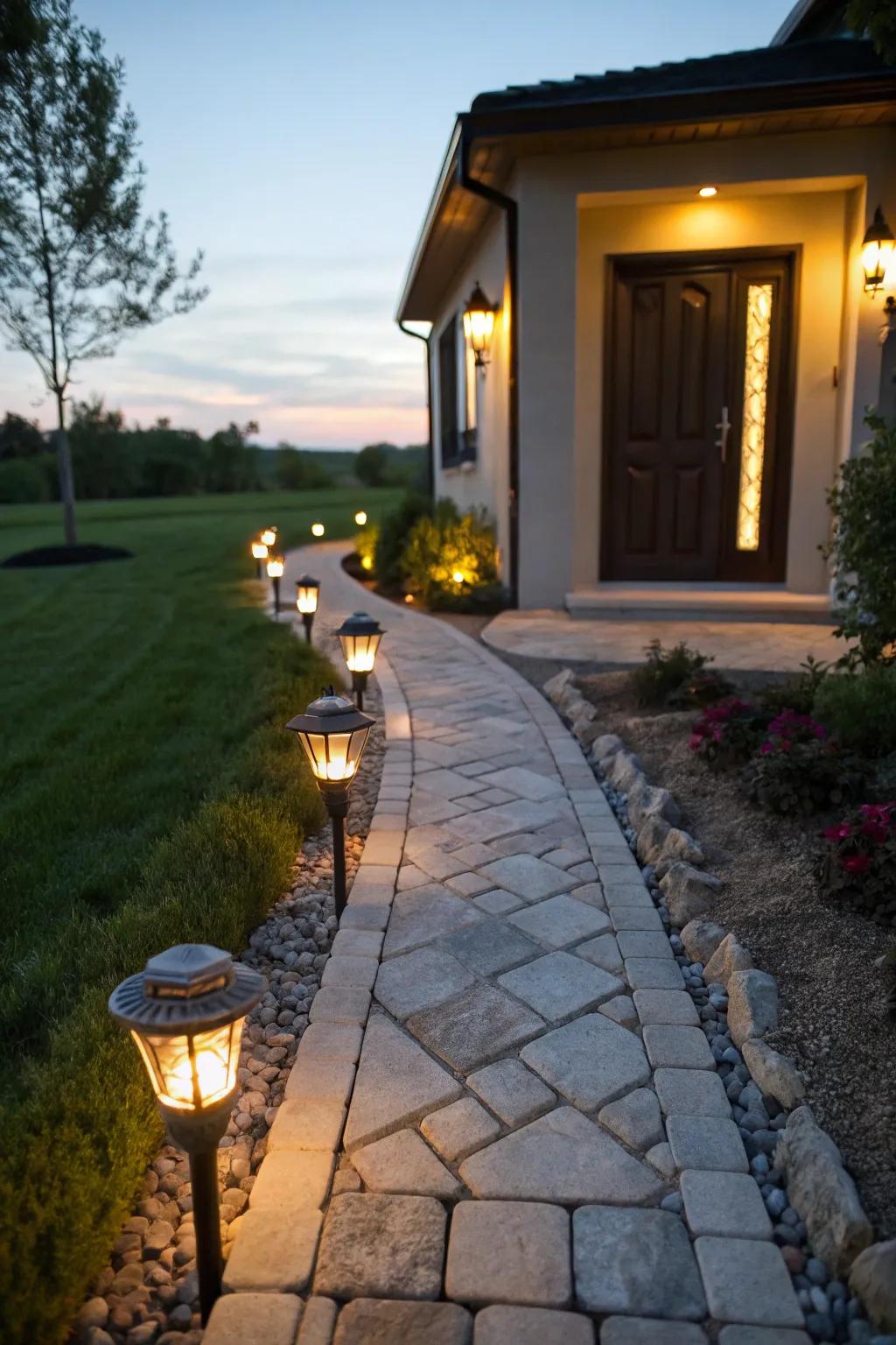 Solar lights provide a magical glow along the pathway.