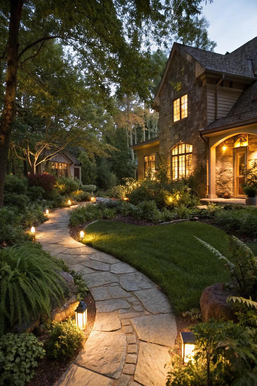 Ambient lighting enhancing the yard's charm.