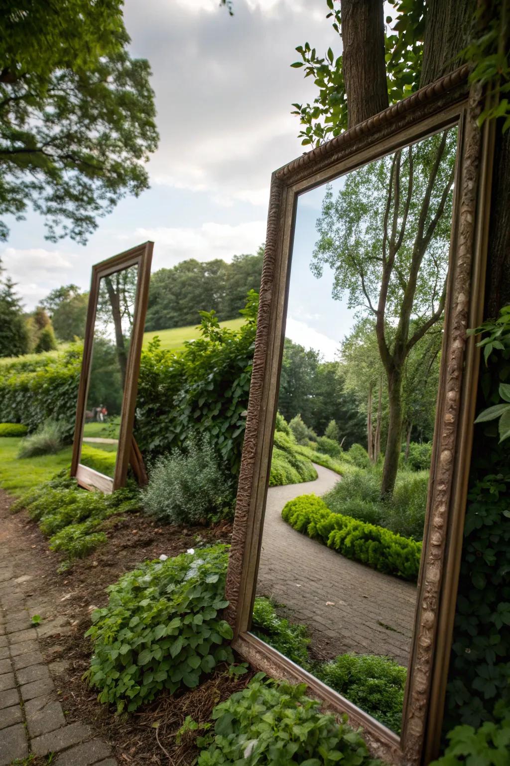 Mirrors adding light and depth to a shaded garden.