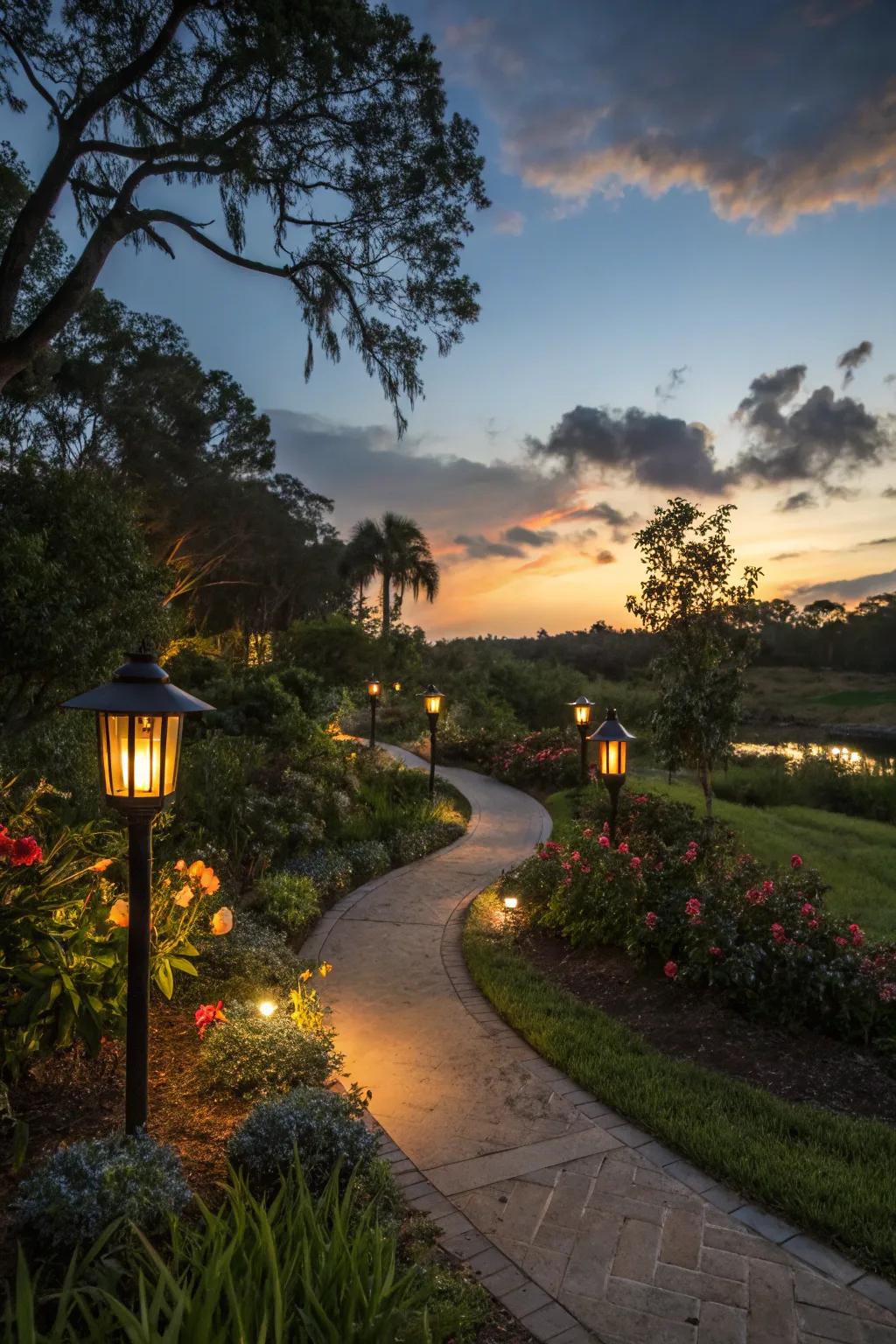 Solar lights create ambiance and highlight pathways in a garden setting.