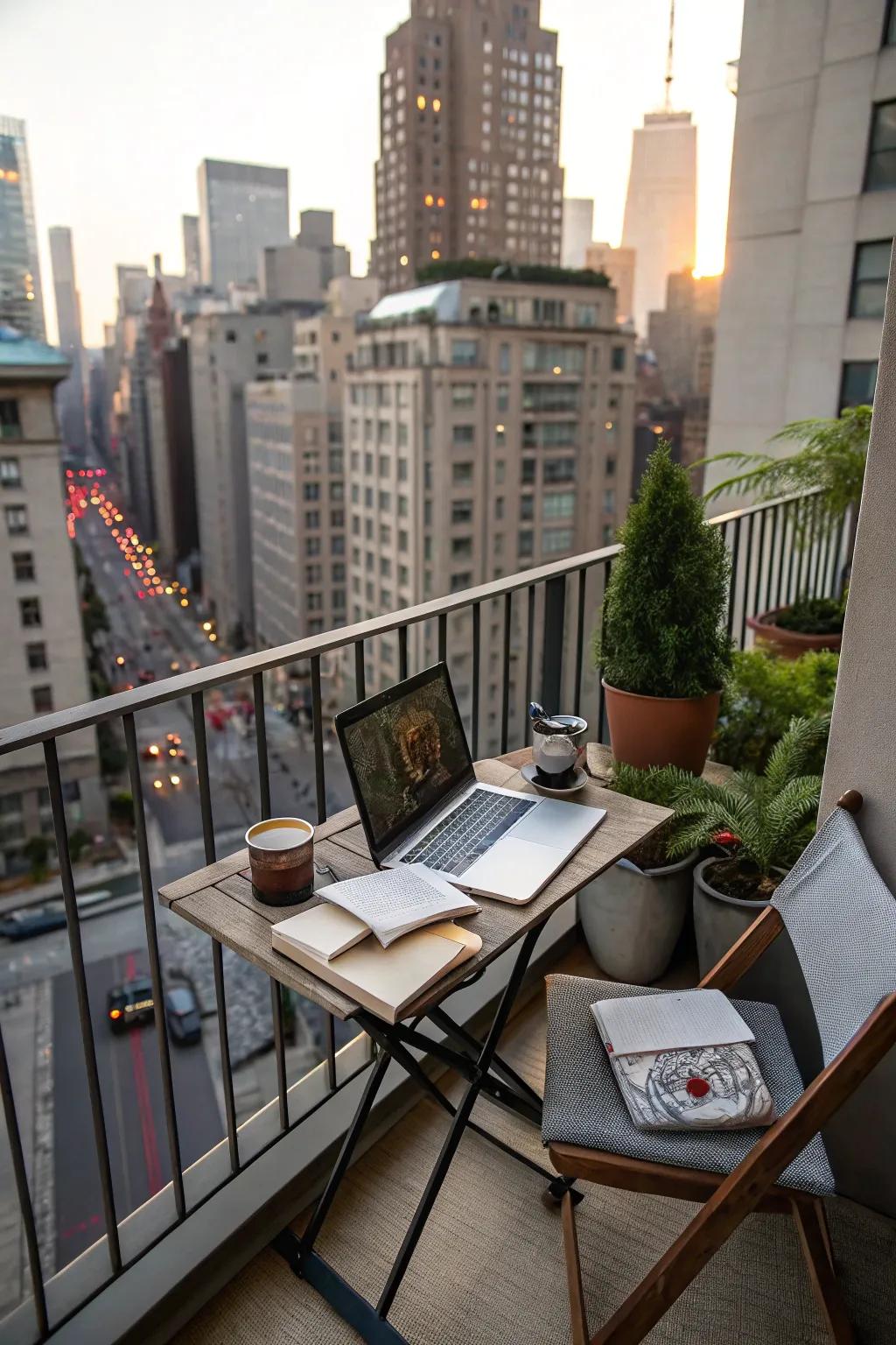 A foldable desk transforms a NYC balcony into an outdoor office.