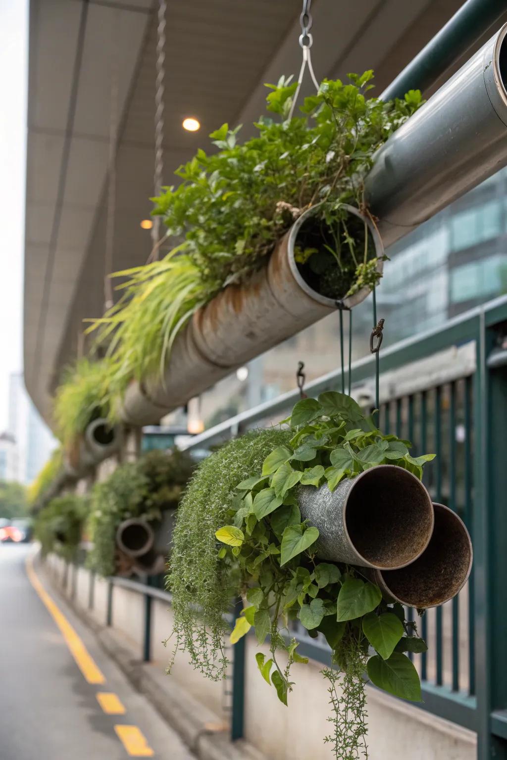 Exhaust pipes creatively turned into hanging plant containers.