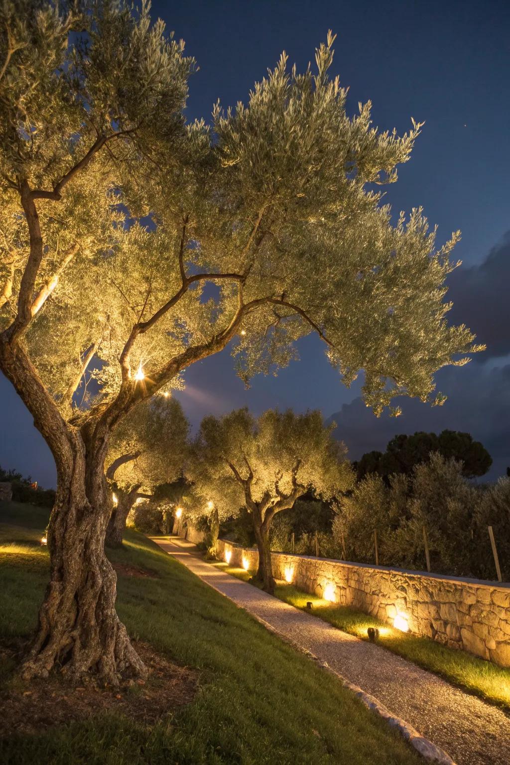 Olive trees beautifully illuminated with garden lights at night.