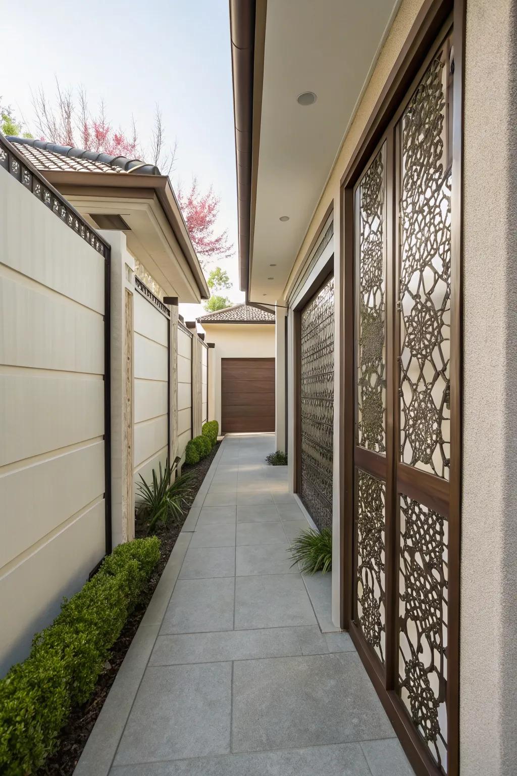 Privacy screens offer stylish separation in breezeways.