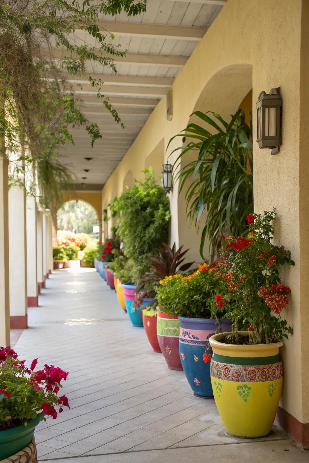 Decorative pots add color and functionality to your breezeway.