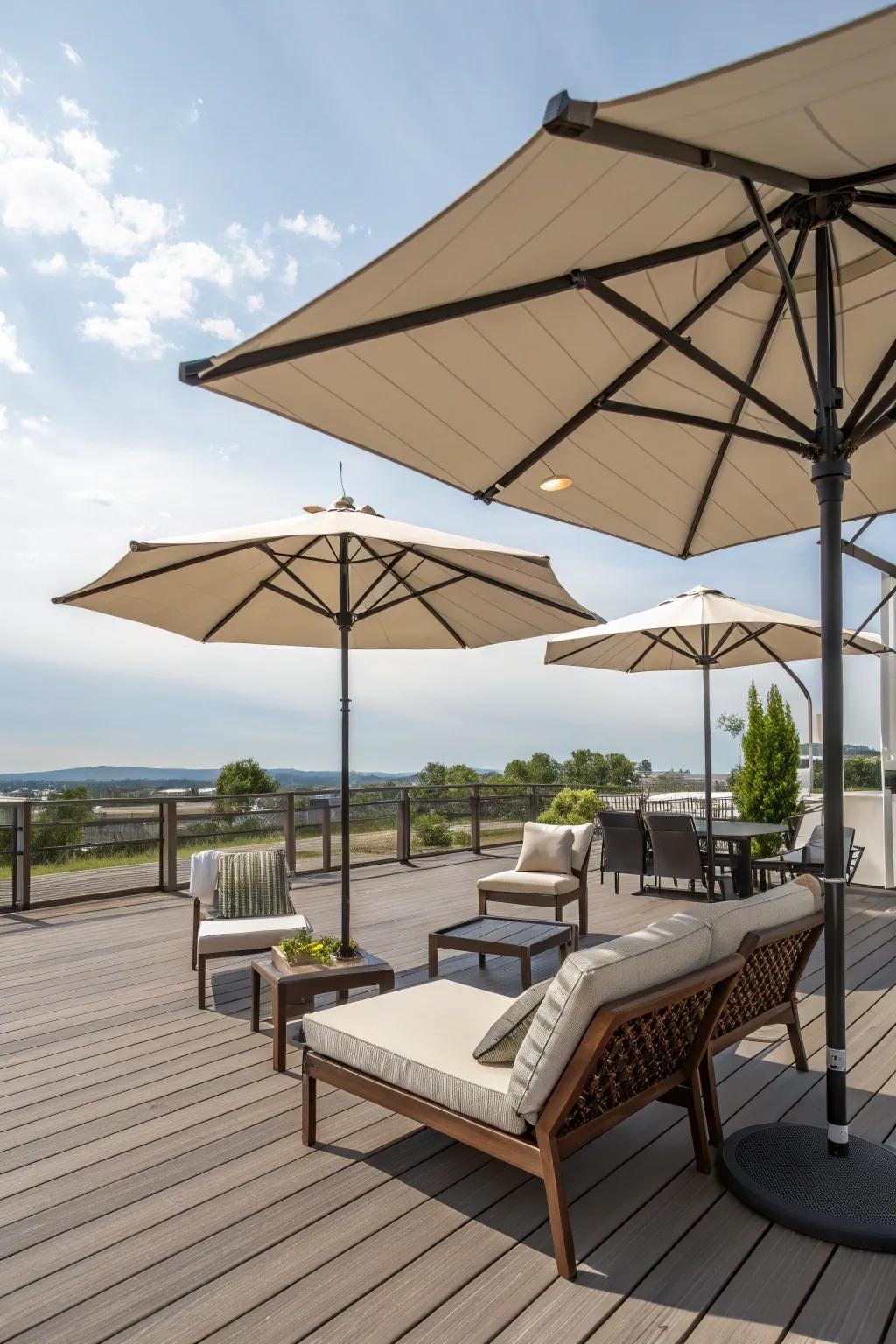 Stay cool with versatile outdoor umbrellas.