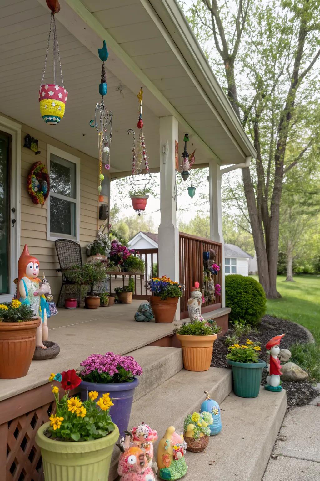 Whimsical accents add fun and personality to the porch.