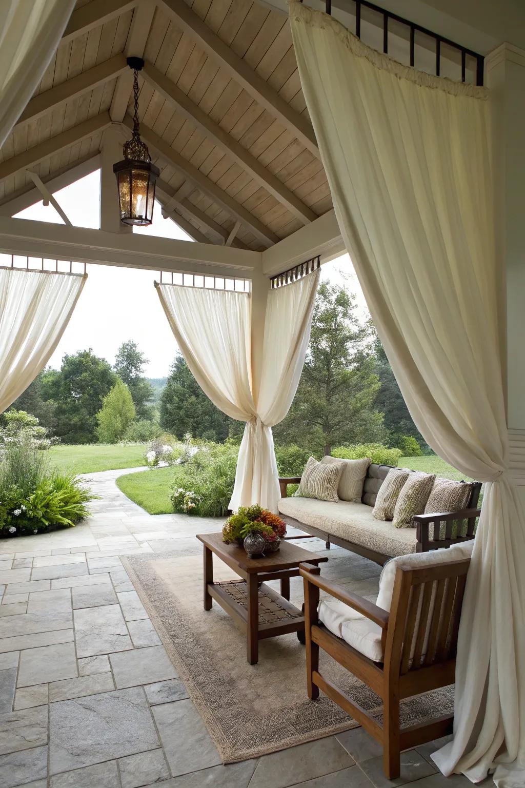 Curtains add elegance and privacy to the porch.
