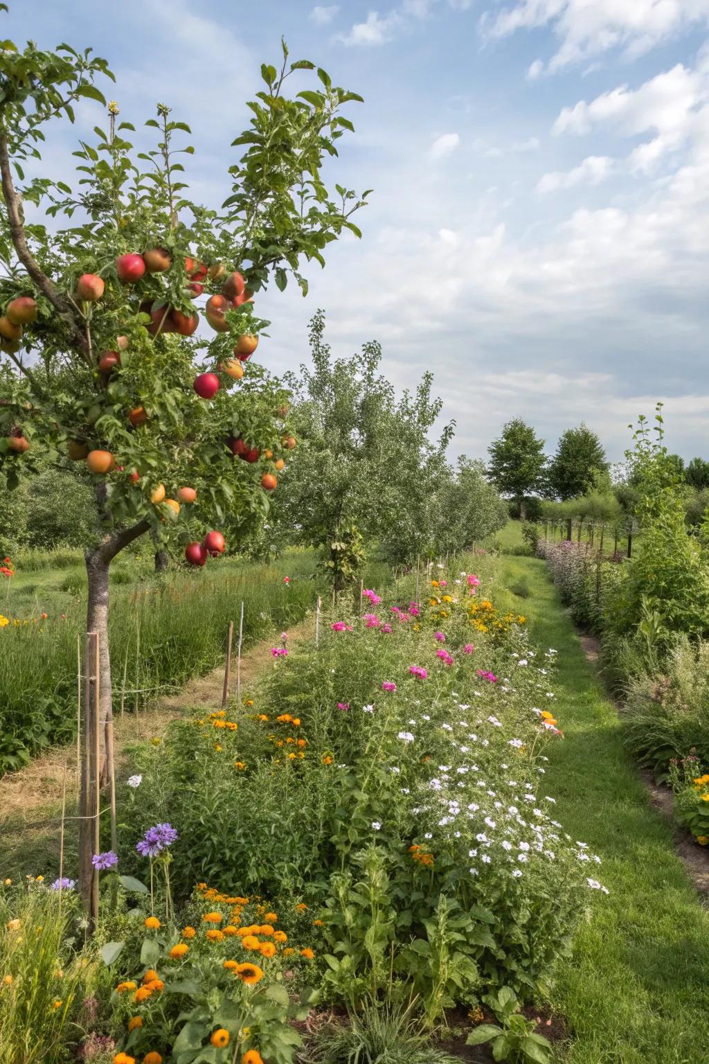Companion planting fosters a healthy and productive orchard.