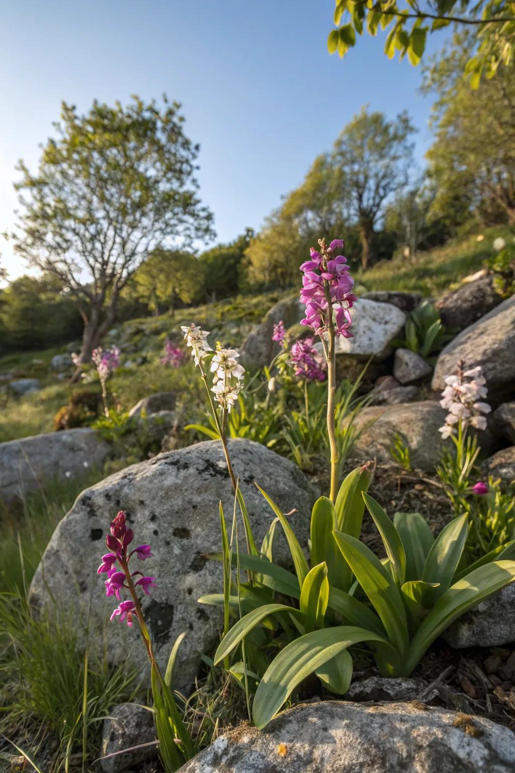 Orchids in a rockery blend seamlessly with natural landscapes.