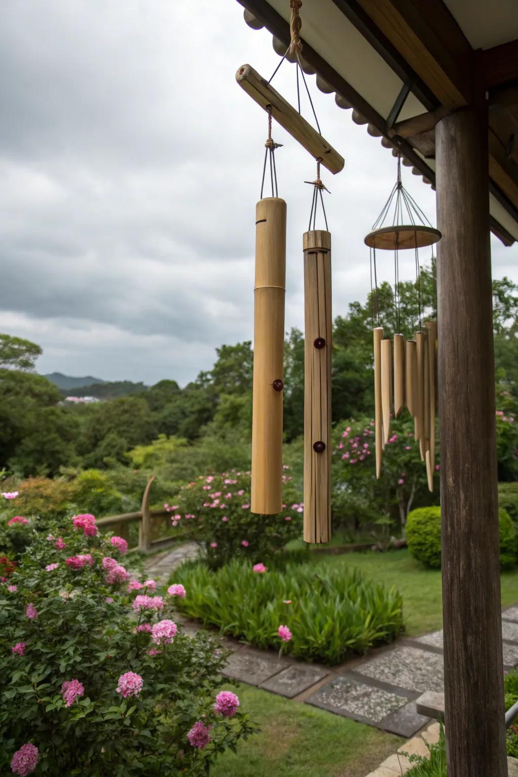 Bamboo wind chimes adding a gentle melody to the garden.