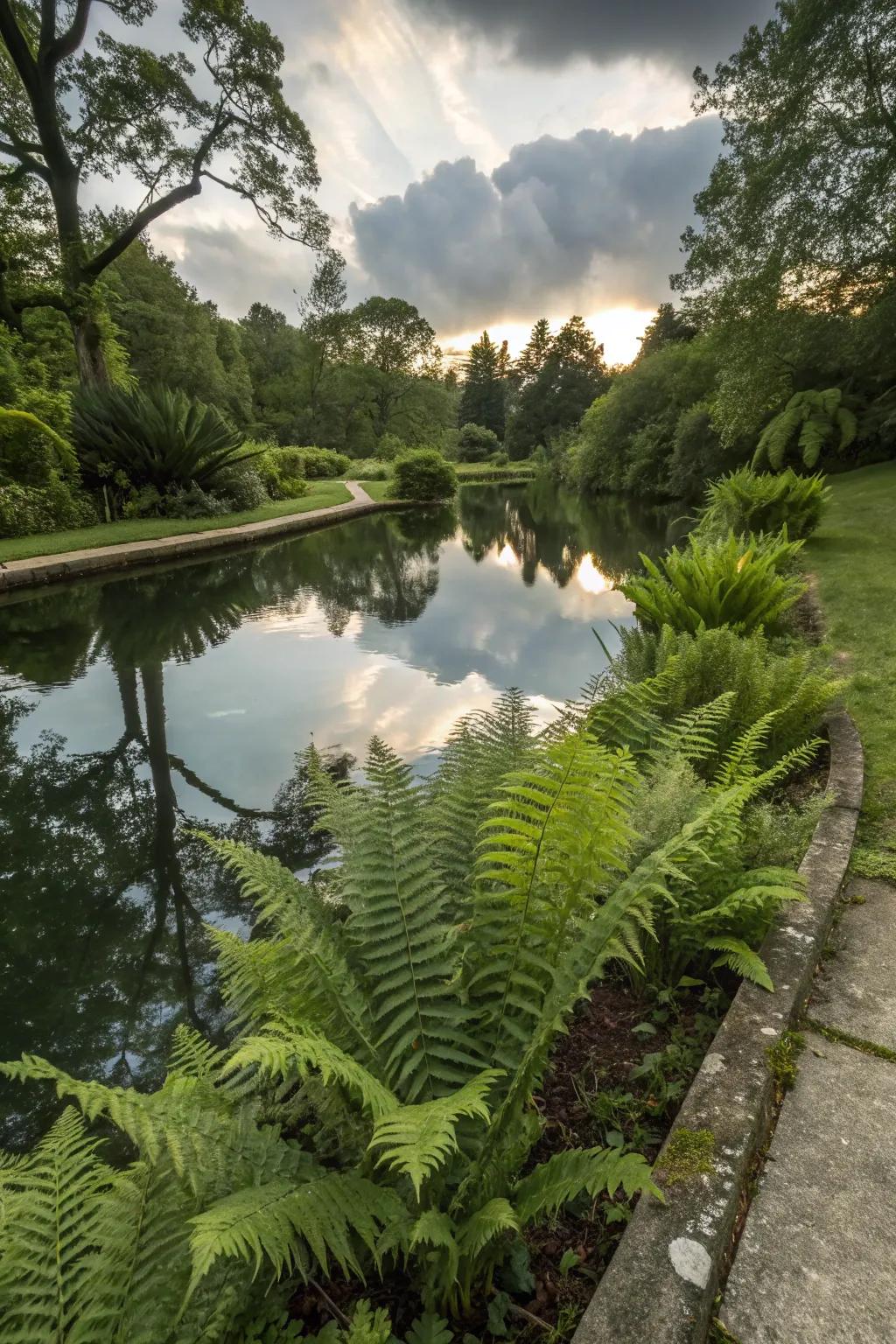 Ostrich ferns accentuating a tranquil water feature.