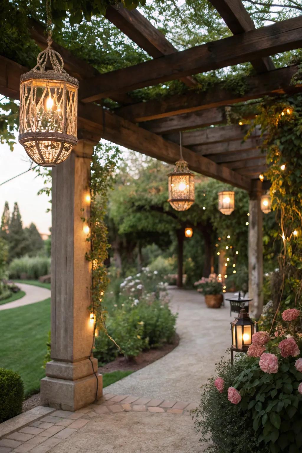 Vintage lanterns add an old-world charm to your outdoor alcove.