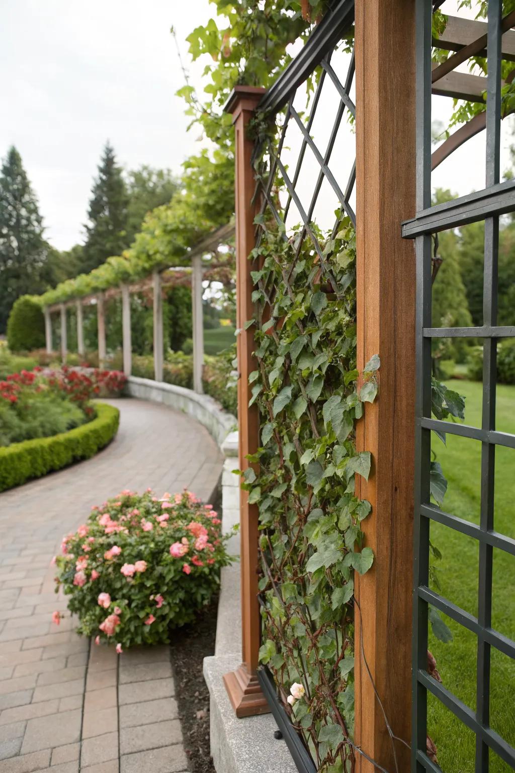 Vertical charm with faux vines on a trellis.