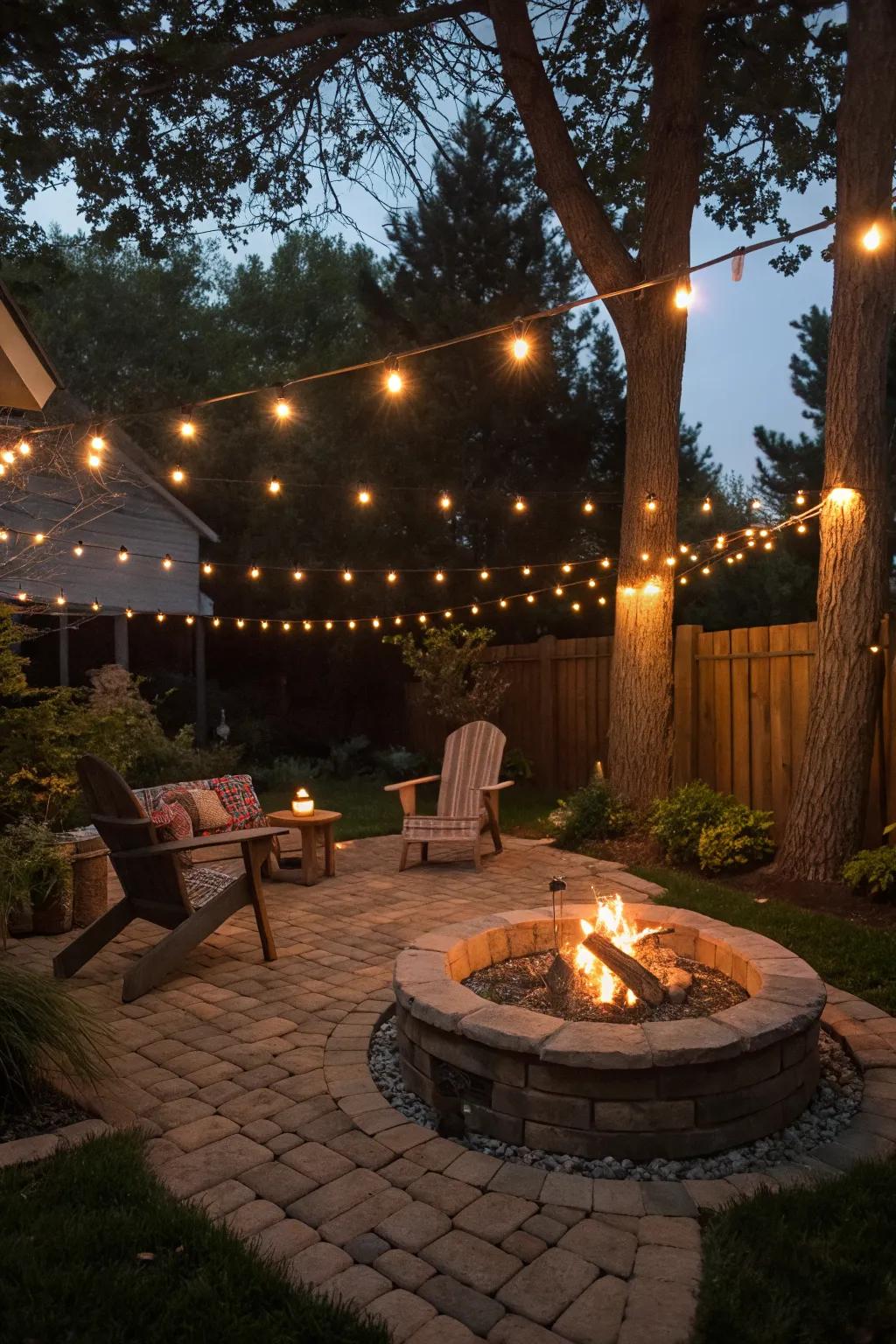 String lights infuse your fire pit area with a warm, festive glow.
