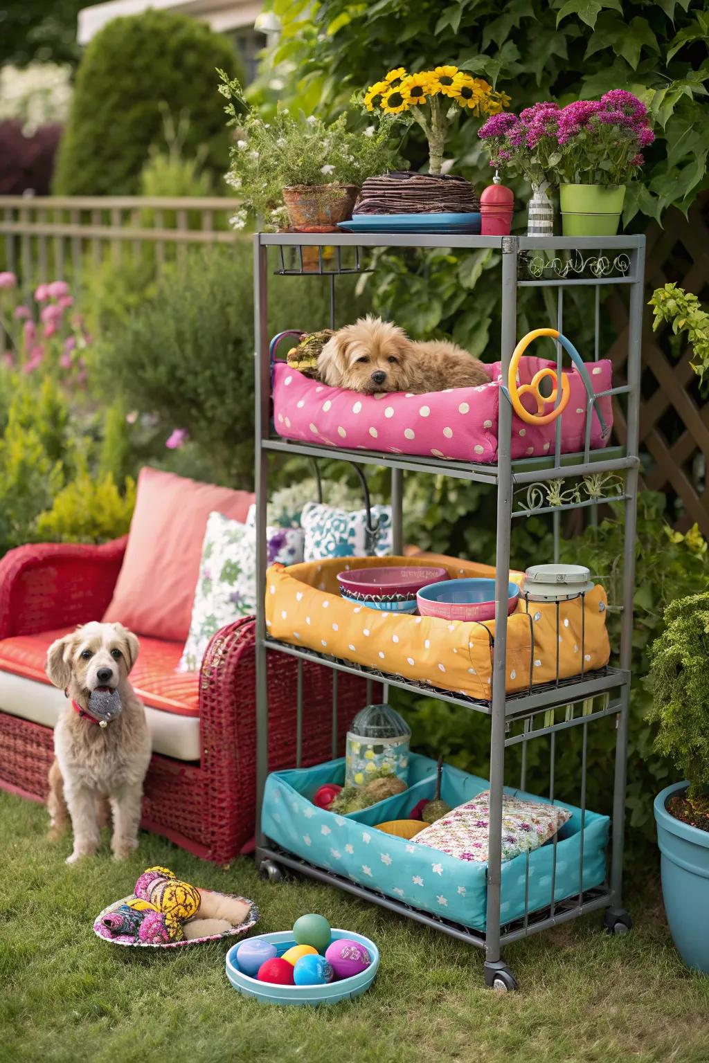 A convenient pet haven on a baker's rack, keeping all pet essentials in one place.