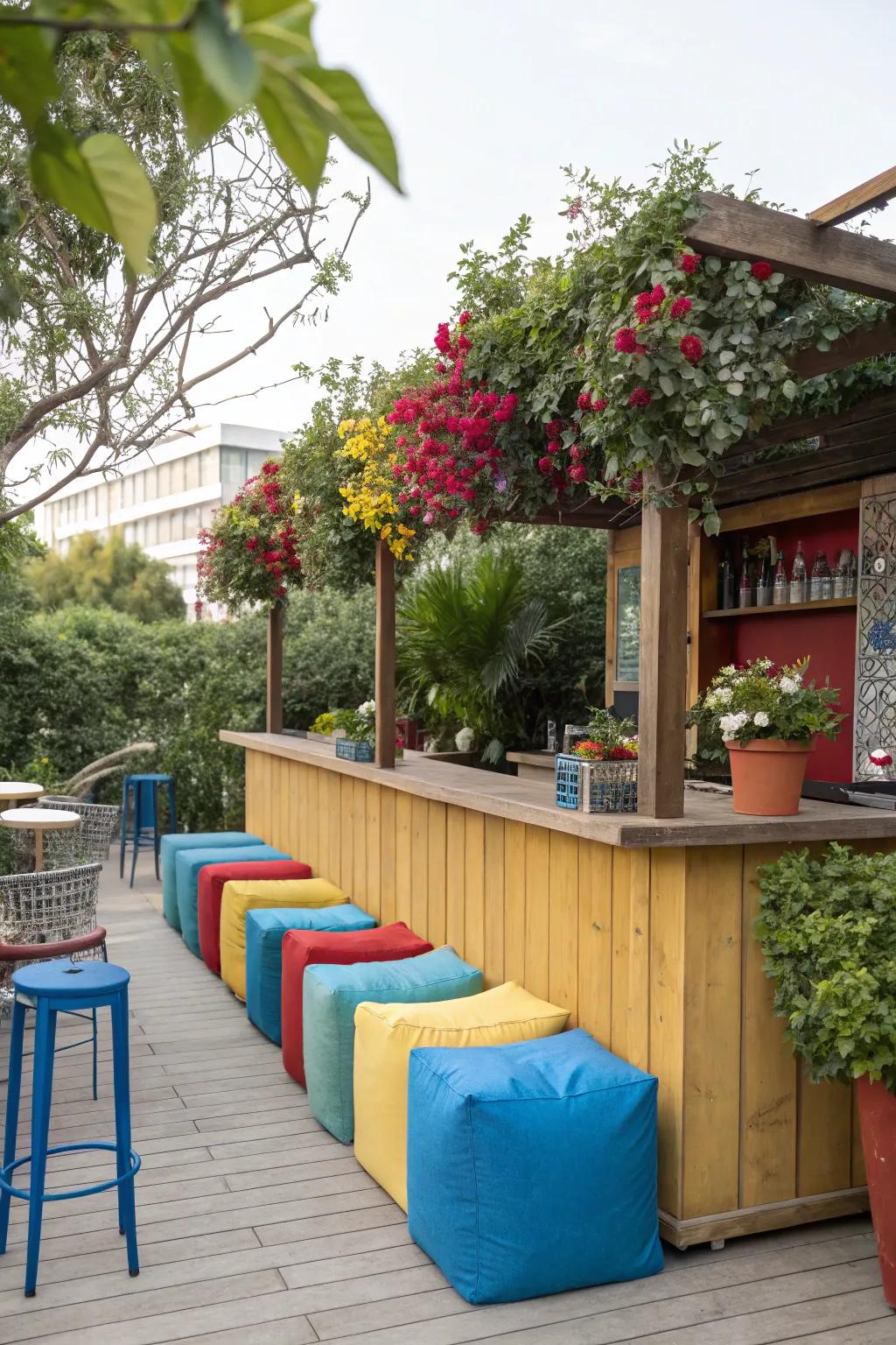 Colorful accessories enliven any outdoor bar setup.