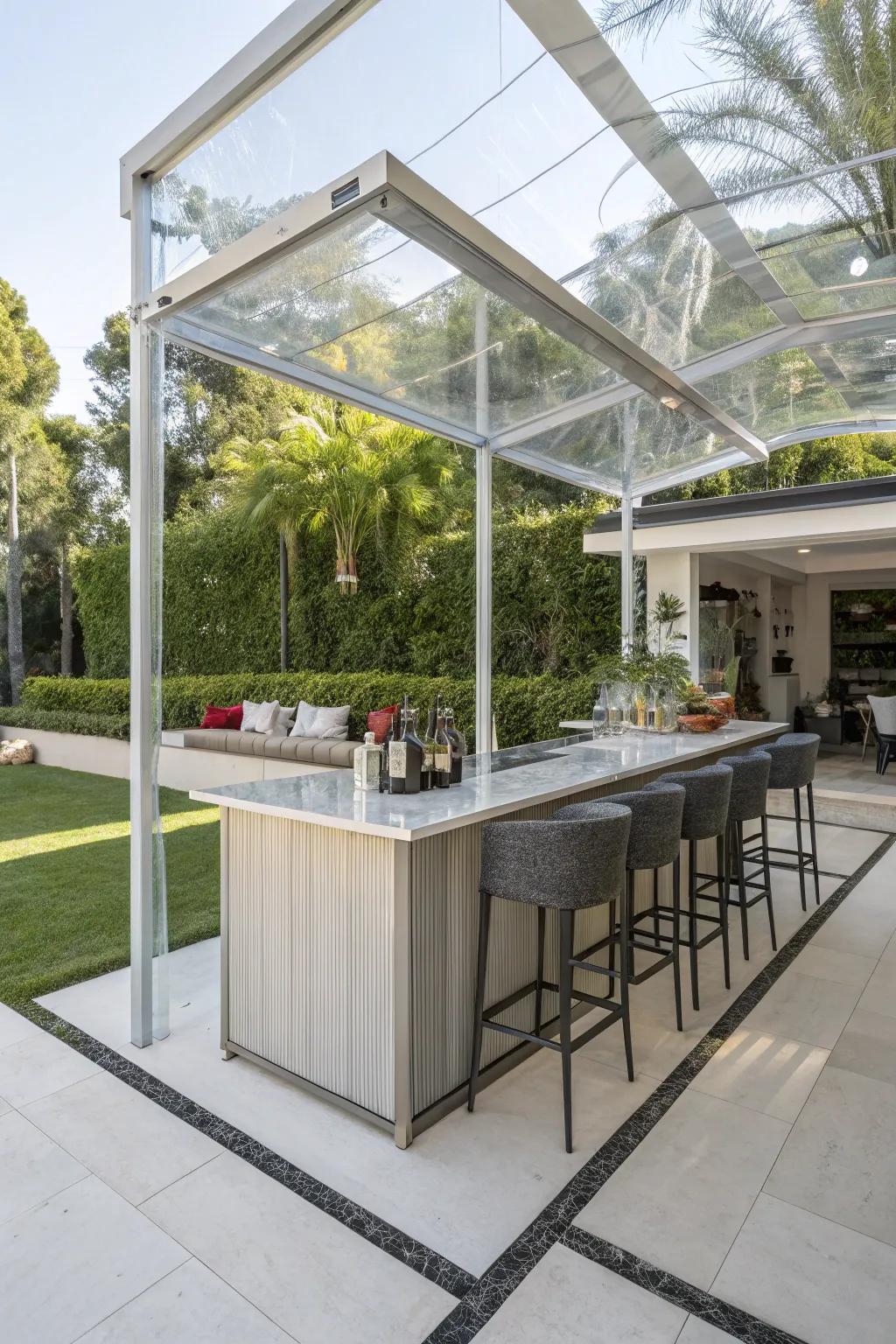 Clear acrylic panels offer a modern and transparent cover for your outdoor bar.