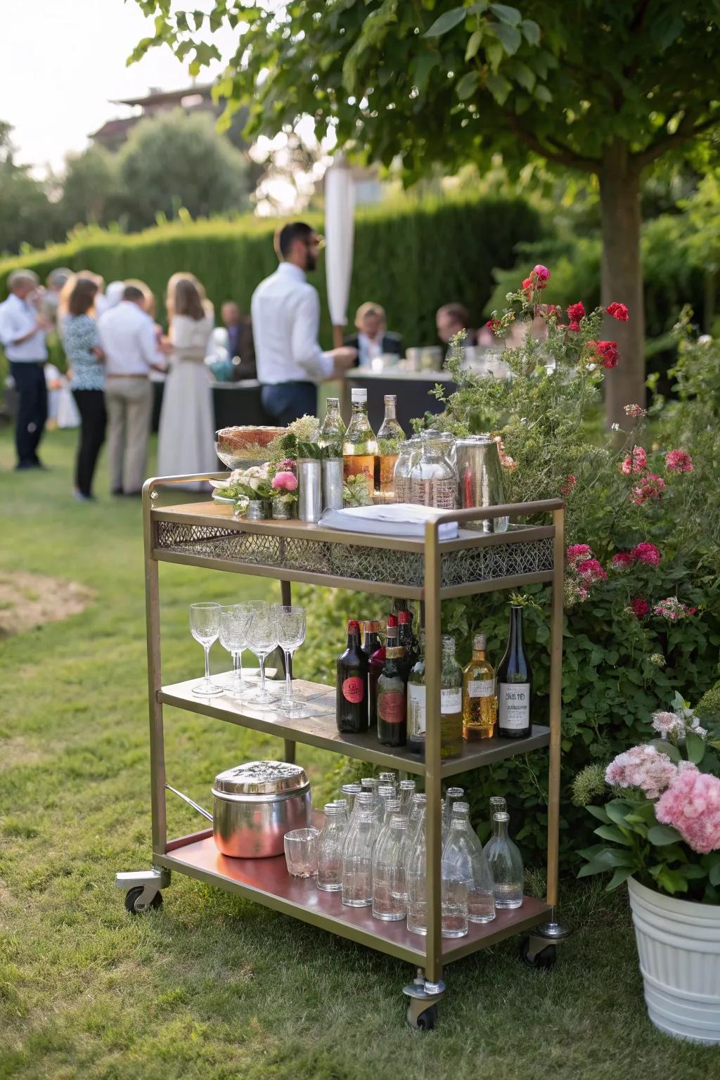 Bar carts offer mobility and convenience for outdoor gatherings.
