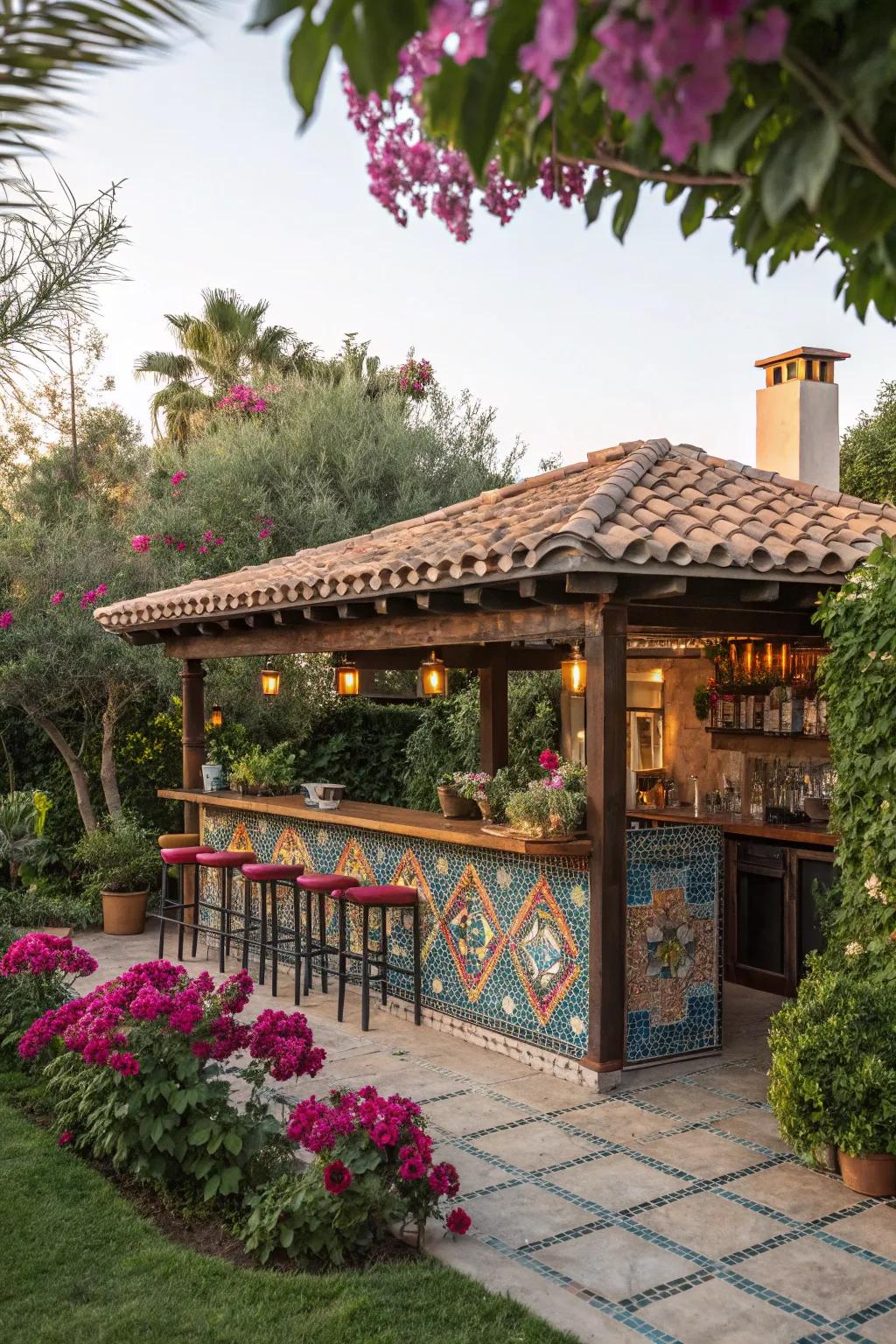 A Mediterranean tile shade brings vibrant color and flair to your outdoor bar.