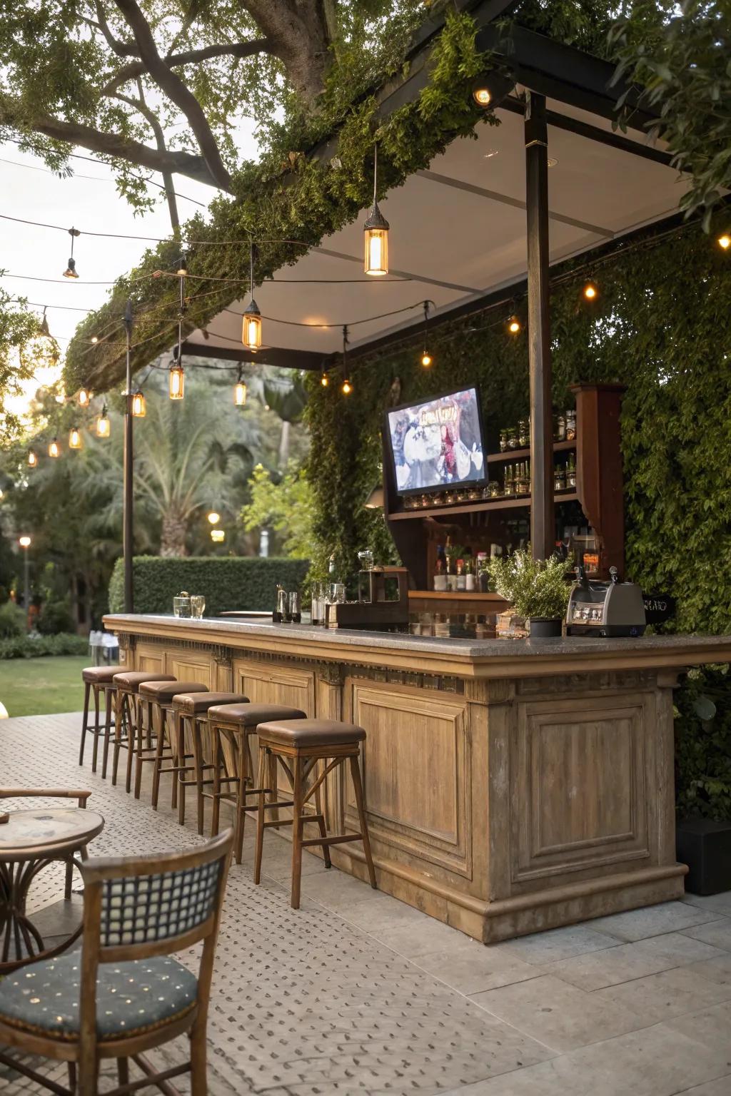 Vintage charm meets modern entertainment in this outdoor bar.