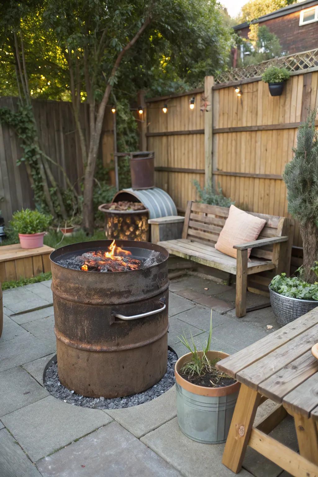 Craft a unique BBQ pit with sustainable repurposed materials.