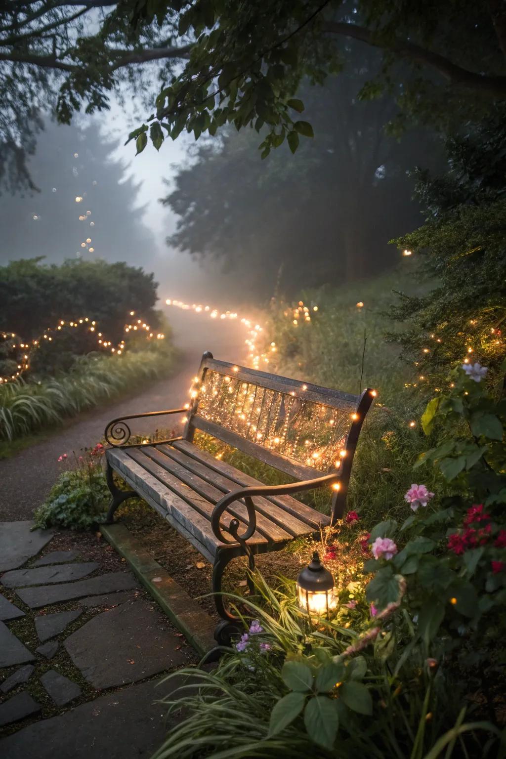 A bench wrapped with fairy lights, glowing enchantingly at night.