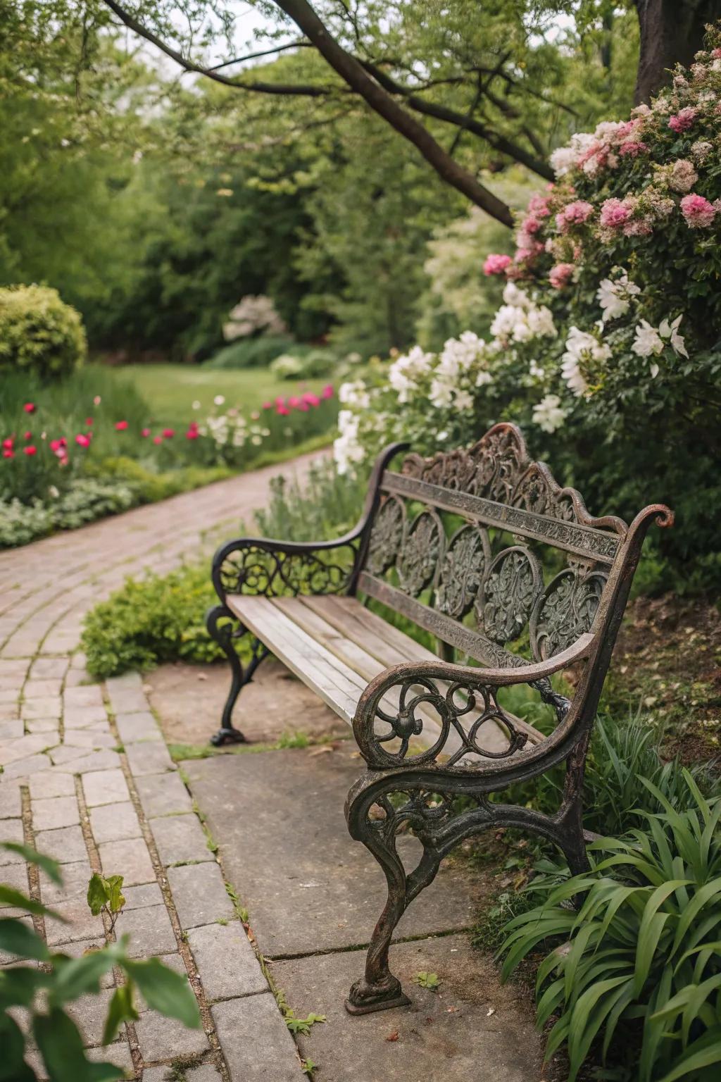 Ironwork benches provide a vintage charm with their intricate designs.