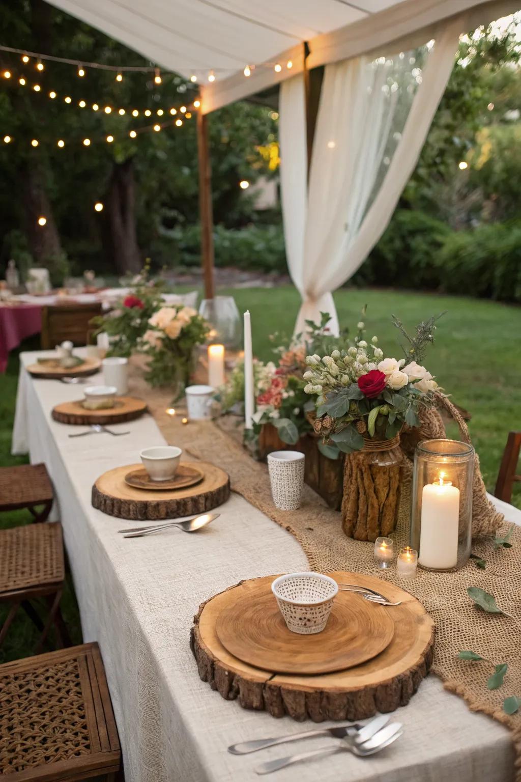 Rustic elements enhancing the natural feel of a garden birthday setup.
