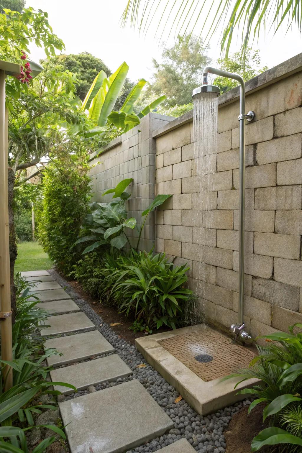 A coastal outdoor shower with a protective breeze block wall