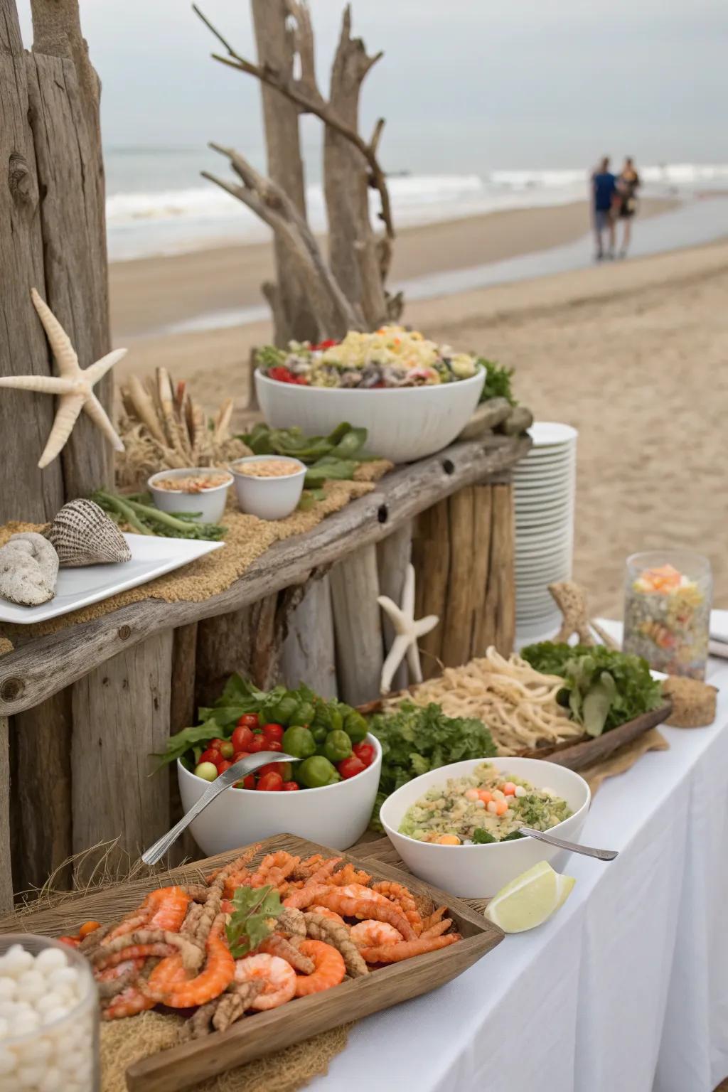 Coastal serenity with driftwood elements.