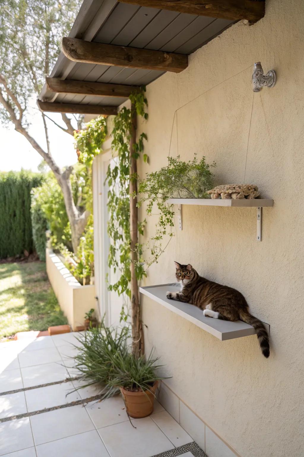 Floating shelves provide elevated retreats for curious cats.