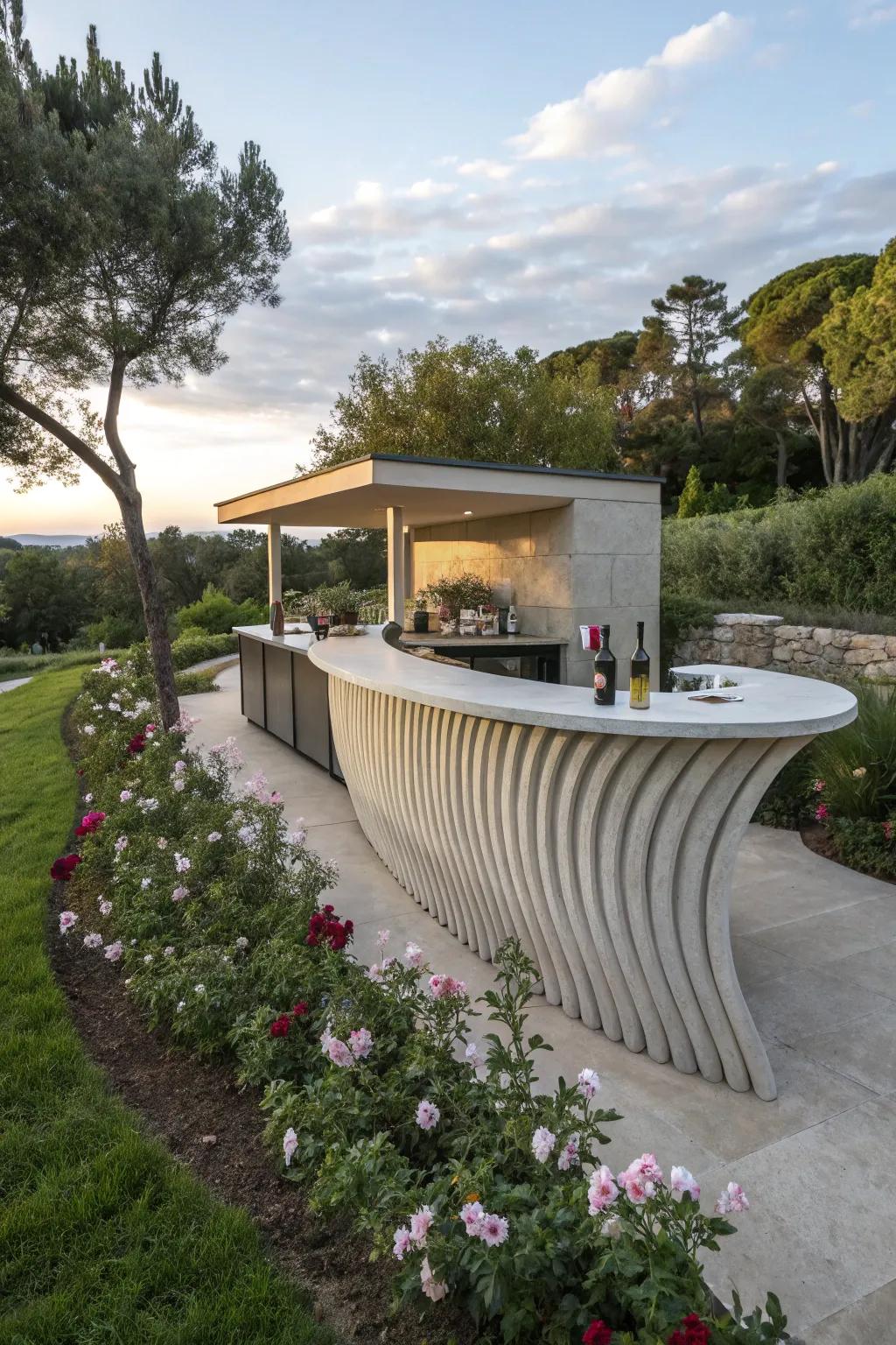 A wave-shaped bar creates a striking focal point in any yard.